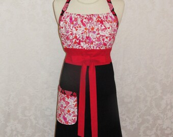 Retro Flirty Chic Chef Apron Halter Style in Red and Black with Hearts Cute Womens Kitchen Apron - Ready to Ship
