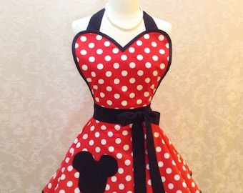 Retro Minnie Pinup Sweetheart Apron 50s Diner Style Flirty Womens Apron (Minnie Mouse Costume) - Ready to Ship