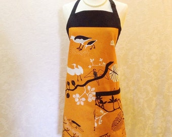 Retro Chic Chef Apron in Orange and Black Bird Floral Cute Womens Kitchen Apron - Ready To Ship