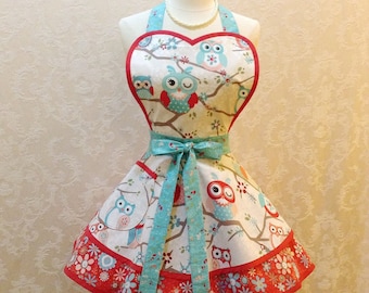 Retro Sweetheart Diner Apron Flirty Chic Pinup Apron in Red and Aqua Winky Owl Adorable Women's Apron Flirty Housewife Apron- Ready to Ship