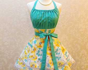 Flirty Chic Pinup Apron in Yellow Teal Floral with Double Skirts Sexy Womens Kitchen Apron Great Gift for Mothers Day - Ready to Ship