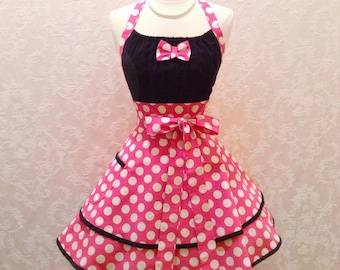 Flirty Chic Pinup Apron Minnie Mouse Apron in Pink and White Polka Dots with Black Accents Retro Women's Apron  -  Ready to Ship