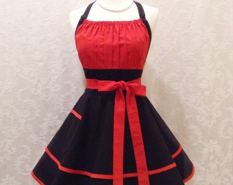 Flirty Chic Pinup Apron In Black with Red Accents Halter Style Sexy Kitchen Apron  - Ready to Ship