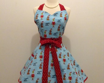 Grinch Flirty Chic Sweetheart Apron in Grinch Santa and Dog Helper in Aqua Blue Fabric Sexy Women's Christmas Apron - Ready to Ship