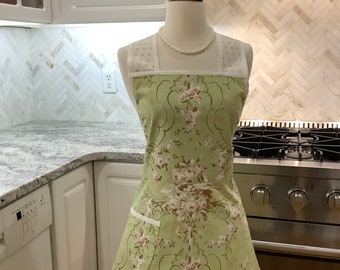 Size 10-12 Soft Sage Green with Love Birds in Retro Chic Women’s Vintage Style Apron. Cute Women’s Apron Makes a Great Gift - Ready to Ship