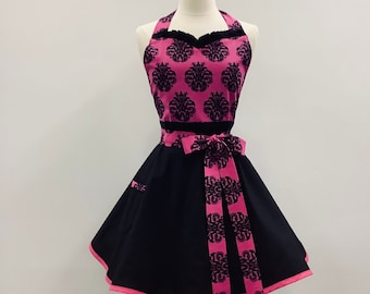 Size 4-12 Flirty Chic Sweetheart Apron in Black and Hot Pink Damask Fabric. Makes a Great Gift. Ready to Ship