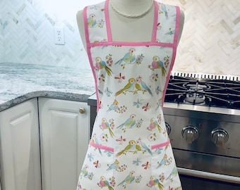 Size 4-12 Retro Women’s Vintage Style Apron in Adorable Lovebirds in pink, blue floral. Beautiful Women’s Apron for Everyday - Ready To Ship