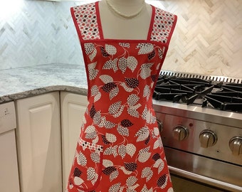 Size 12-14 Retro Chef Apron Vintage Style Apron in Red Leaf Polka Dot Floral Beautiful Women’s Apron for Everyday - Ready To Ship