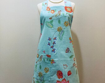 Size 4-12 Linen Apron Cross-back Apron Pinafore Apron No Ties on Apron Beautiful Bird Apron in Aqua Blue - Ready to Ship