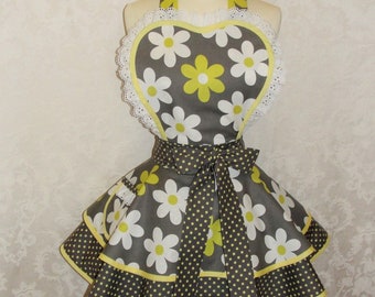 Retro Sweetheart Pinup Apron with Double Skirts in Grey Yellow and White Floral - Ready to Ship