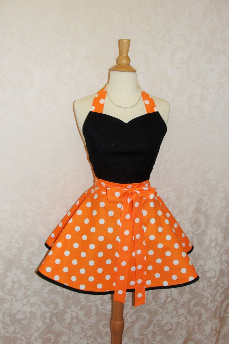 Flirty Chic Sweetheart Apron for Halloween in Orange and White Polka Dots Flirty Women's Kitchen Apron Fall Apron Ready to Ship image 1