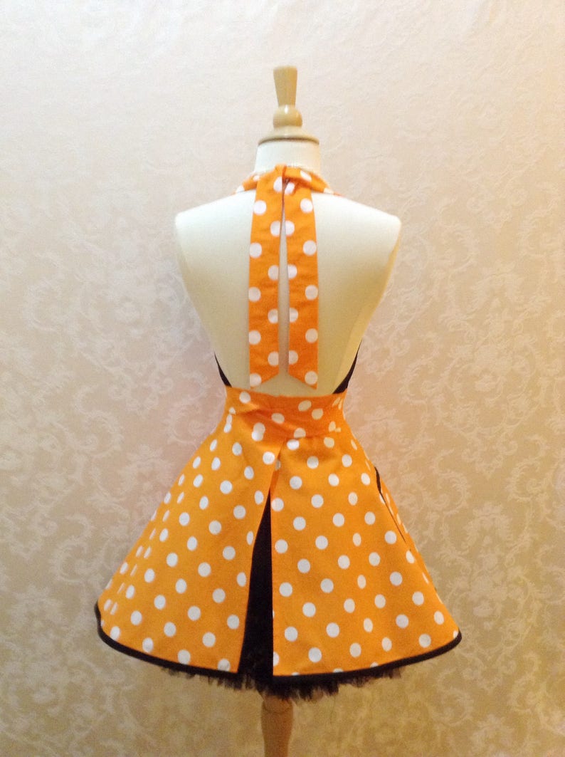 Flirty Chic Sweetheart Apron for Halloween in Orange and White Polka Dots Flirty Women's Kitchen Apron Fall Apron Ready to Ship image 4