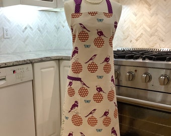 Linen Apron Retro Chic Chef Linen Apron in Whimsical Birds and purple accents. Floral Cute Womens Kitchen Apron - Ready To Ship
