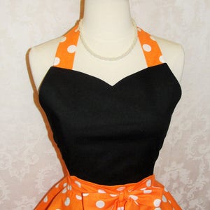 Flirty Chic Sweetheart Apron for Halloween in Orange and White Polka Dots Flirty Women's Kitchen Apron Fall Apron Ready to Ship image 2