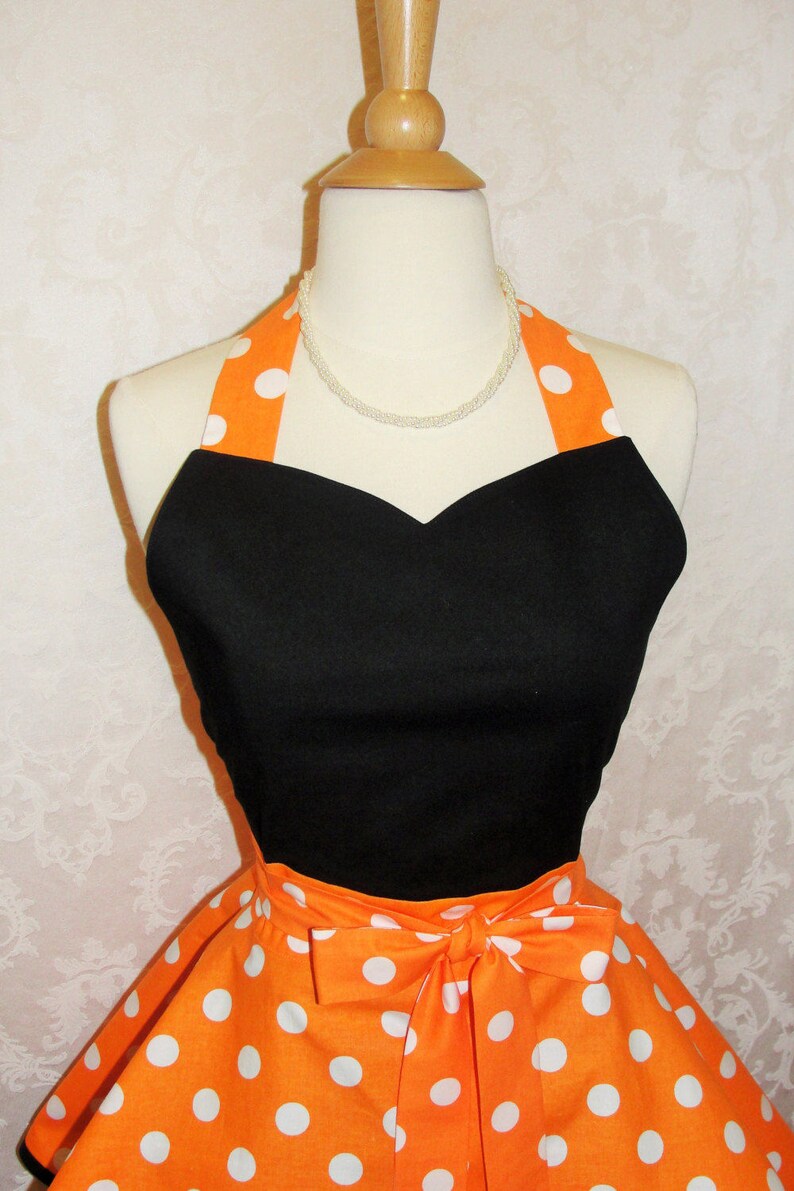 Flirty Chic Sweetheart Apron for Halloween in Orange and White Polka Dots Flirty Women's Kitchen Apron Fall Apron Ready to Ship image 2