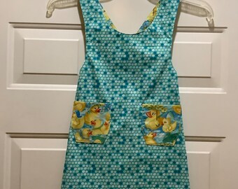 Child Size 2-4 Reversible Children’s Cross-back Apron with Ducks and Retro Polka Dots Adorable Child Apron - Ready to Ship