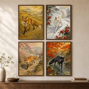 Japanese Kitsune Art Print Set, Yako Four Seasons Fox, Nihonga Wall Decor (Digital Download)