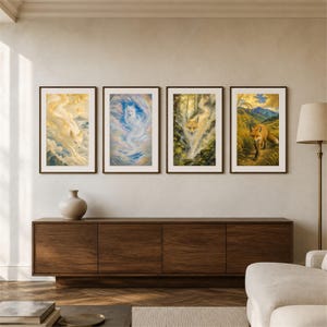 May include: Four rectangular framed wall art prints displayed in a horizontal row. The prints feature artistic depictions of foxes in various settings, including clouds, swirling ethereal patterns, a lush green forest, and a golden mountain landscape.