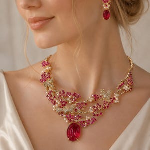 May include: A gold-toned necklace and matching earring set featuring branch-like structures adorned with small pink crystals, white pearls, and tiny squirrel figures. A large, oval-shaped, deep pink cabochon stone serves as the central pendant.