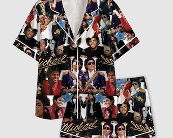 Michael Jackson satijnen pyjamaset met iconische concertfoto's en een retro muziekcollagepatroon voor een heerlijk comfortabele nachtrust.