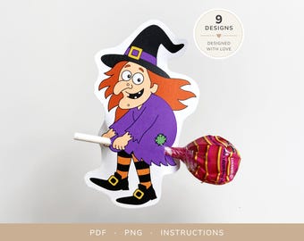 Bomboniere per feste di Halloween per bambini · Modello per lavoretto di lecca-lecca a forma di strega · Porta lecca-lecca a forma di strega · 9 modelli · Download digitale
