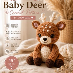 Crochet Deer Pattern – Baby Deer Amigurumi Fawn Plush PDF Tutorial | Sitting Deer Plushie | Instant Digital Download | Daisy Nest Co