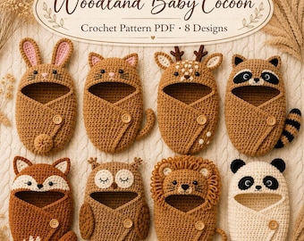May include: A digital PDF crochet pattern titled Woodland Baby Cocoon featuring 8 designs. The image displays 8 crocheted baby cocoons shaped like animals including a rabbit, cat, deer, raccoon, fox, owl, lion, and panda, each with a single button.