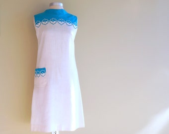 Blue & White Linen  Dress • Summer • 1960s Mod • MEDIUM • Floral Embroidery Trim • Retro Shift • Vintage Deadstock • Bleeker Street • NWT