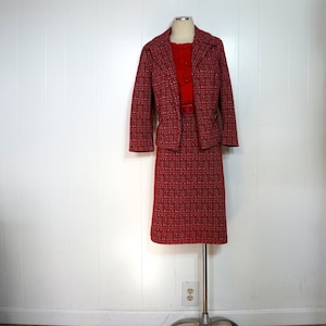 Plaid Dress Suit • LARGE • 1960s • Secretary Dress & Jacket • Wear to Work • Red Grey • Geometric Textured Print • Harwyn New York
