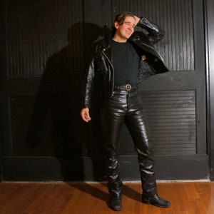 Black Leather Pants • Motorcycle Biker Pants • Bates of California USA • 1970s • Racing / Riding Gear • Custom Hand Made • Belted • Bootcut