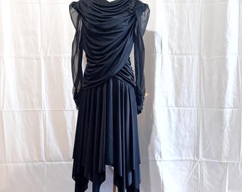 Vintage 1980s • Black Draped Evening Dress • Filigree • Handkerchief Hem • Huge Shoulder Pads • Sheer Long Sleeve • Cocktail Dress