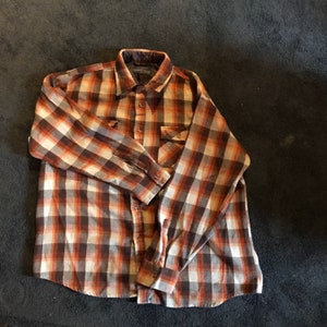 1970s Plaid Flannel Shirt Mens XL Warm Rugged Work Shirt Hunting Camping Outdoorsman Country Touch Brown Orange Tan Taiwan R.O.C image 2