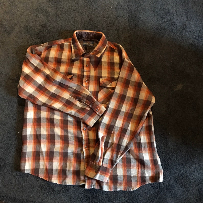 1970s Plaid Flannel Shirt Mens XL Warm Rugged Work Shirt Hunting Camping Outdoorsman Country Touch Brown Orange Tan Taiwan R.O.C image 2