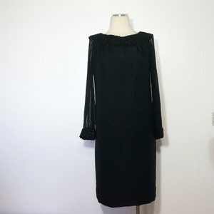 Black Vintage Cocktail Dress SMALL Classic 1960s LBD Shift Crochet Tinsel Collar & Cuffs w/ Sparkle Clingy Sheer Sleeves Little Black Dress
