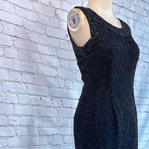 Beaded Sheath Dress 1980s Sheer Black Glass Beads on Silk New Years Eve NYE Formal Gown Special Occassion Heavily Beaded Trim image 1