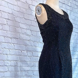 Beaded Sheath Dress • 1980s • Sheer Black Glass Beads on Silk • New Years Eve | NYE • Formal Gown • Special Occassion • Heavily Beaded Trim