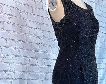 Vintage 1980s Beaded Silk Sheath Dress • Black Formal Gown