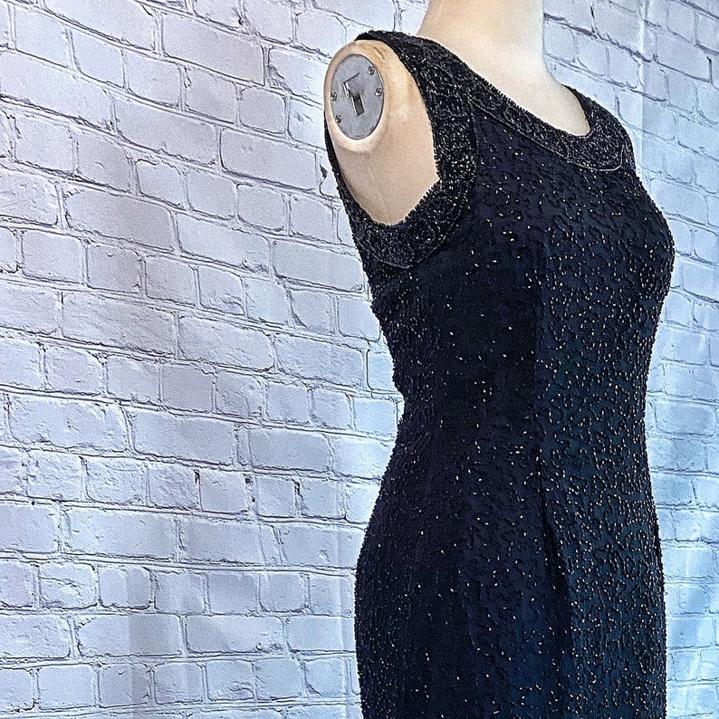 Beaded Sheath Dress 1980s Sheer Black Glass Beads on Silk New Years Eve NYE Formal Gown Special Occassion Heavily Beaded Trim image 1