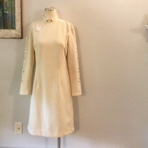 Mod Shift Dress 1960s Gold Studded Long Sleeves & Collar Off White Crepe Fall Autumn Winter White Go Go Mr Bob of California image 2