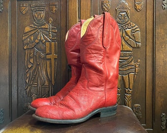 Tony Lama | George Strait • Exotic • Buffalo Hide • Cowboy Boots • 4.5B • 1980s • Roper Heel • Red Leather • Rounded Toe • Black Label • USA