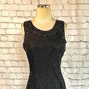 Beaded Sheath Dress 1980s Sheer Black Glass Beads on Silk New Years Eve NYE Formal Gown Special Occassion Heavily Beaded Trim image 3