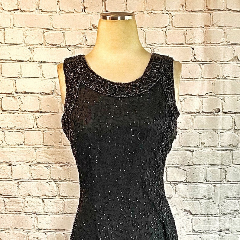 Beaded Sheath Dress 1980s Sheer Black Glass Beads on Silk New Years Eve NYE Formal Gown Special Occassion Heavily Beaded Trim image 3