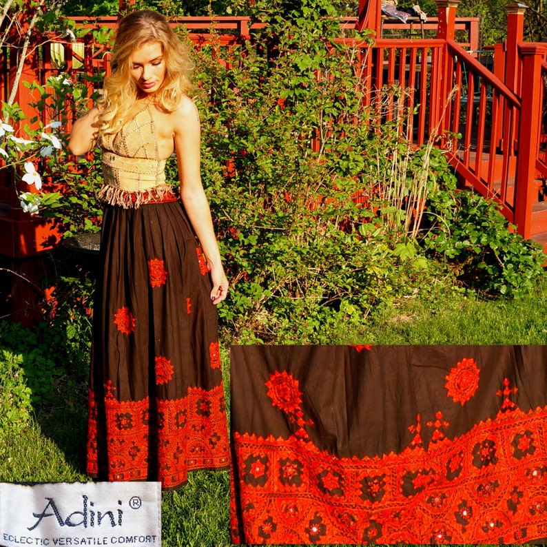 Vintage Indian Skirt Adini Bohemian Ethnic Maxi Skirt Lehenga Brown Cotton Red Embroidery Mirror Work Shisha Drawstring image 3
