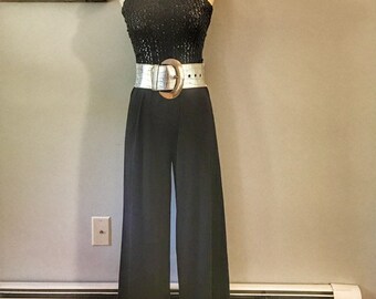 Sparkly Disco Jumpsuit • 1980s • Black Sequin • Glam Playsuit • Stretchy Bandeau Top • Wide Led • Cocktail to Formal • Caron Chicago
