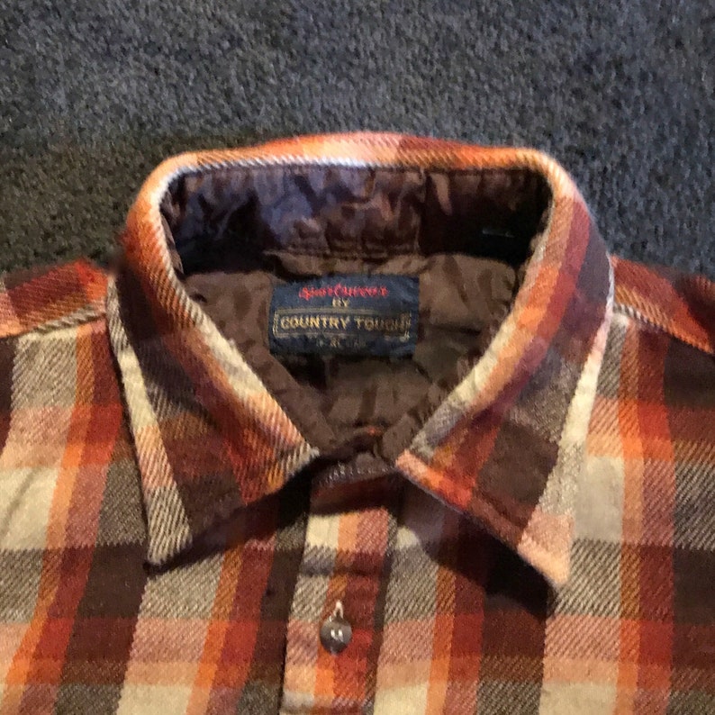 1970s Plaid Flannel Shirt Mens XL Warm Rugged Work Shirt Hunting Camping Outdoorsman Country Touch Brown Orange Tan Taiwan R.O.C image 4