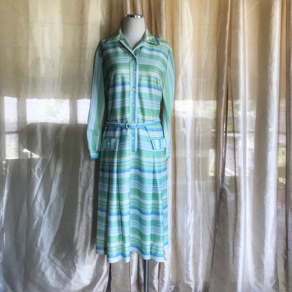 Striped Shirt Dress • 1970s Shirtdress • Drop Wais