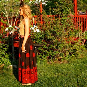 Vintage Indian Skirt Adini Bohemian Ethnic Maxi Skirt Lehenga Brown Cotton Red Embroidery Mirror Work Shisha Drawstring image 4