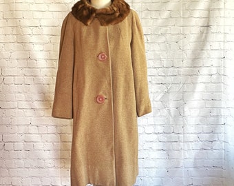 Tan Cashmere Swing Coat / Full Coat • Mink Collar • 1950s • Lined • Midi Overcoat • Autumn Fall Winter • Mid Century Outerwear • Carol Brent