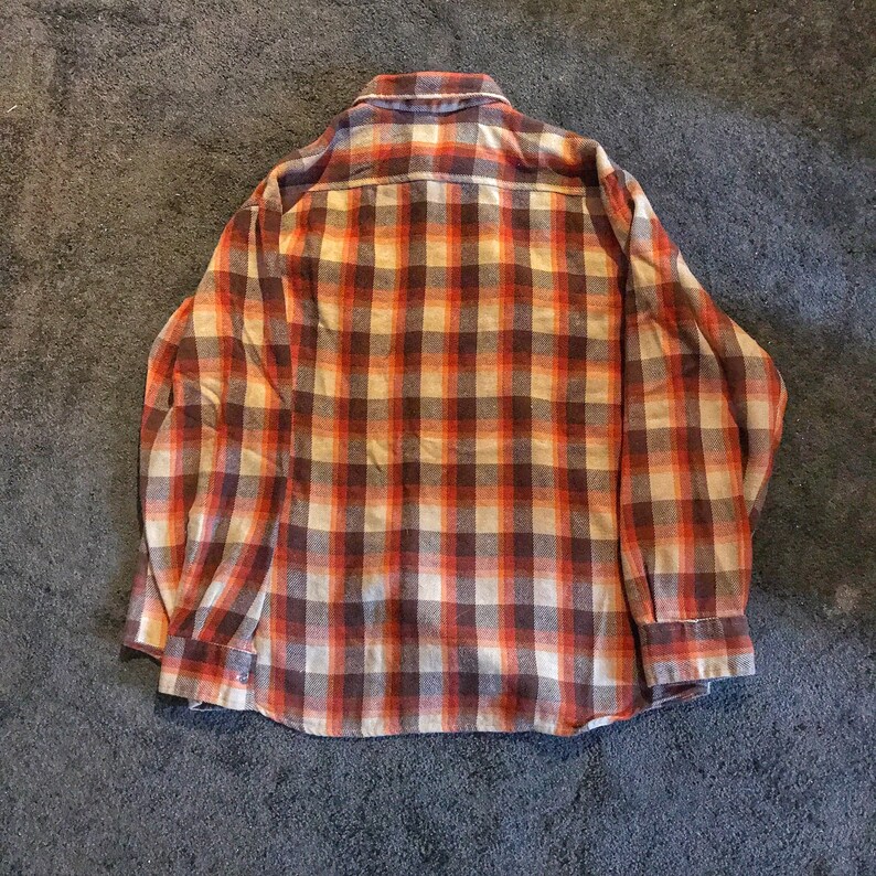 1970s Plaid Flannel Shirt Mens XL Warm Rugged Work Shirt Hunting Camping Outdoorsman Country Touch Brown Orange Tan Taiwan R.O.C image 3