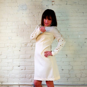 Mod Shift Dress 1960s Gold Studded Long Sleeves & Collar Off White Crepe Fall Autumn Winter White Go Go Mr Bob of California image 9